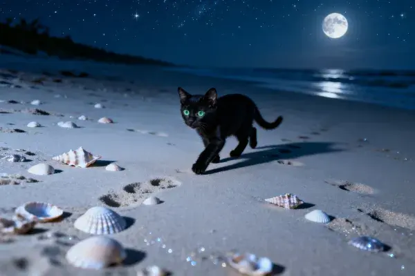 月夜沙滩上的短毛黑猫