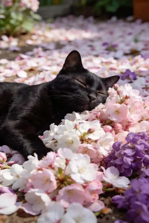 黑短毛家猫卧于繁花间