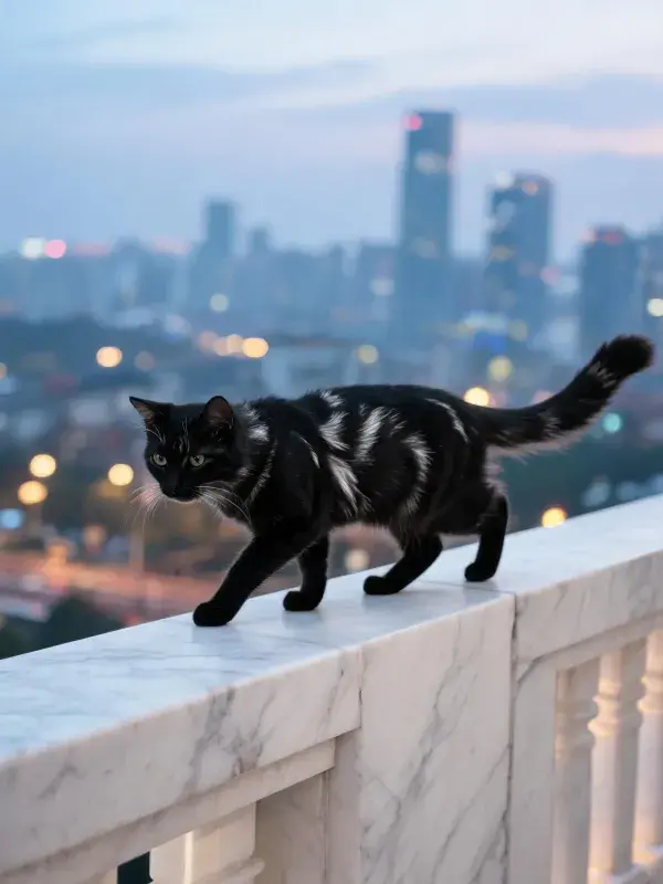 城市天际线下的斑纹家猫行走景象
