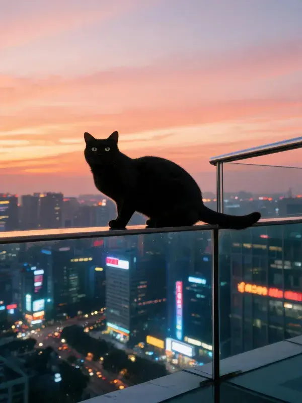 黑色短毛家猫伫立在阳台栏杆处