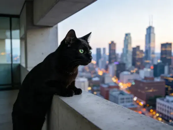 高层露台观景处的短毛黑猫场景