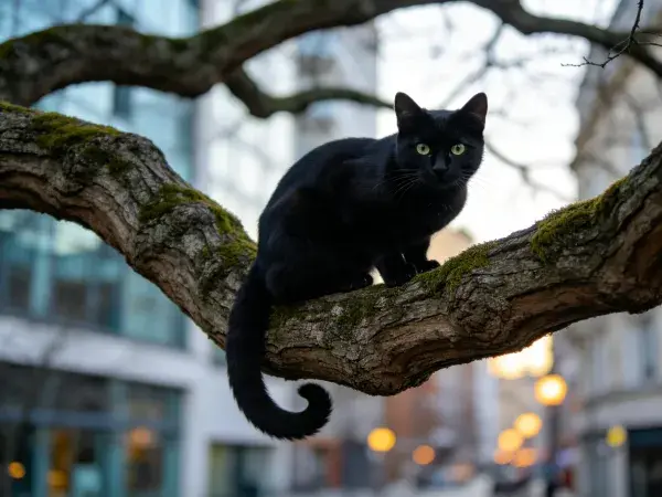 城市树枝上的短毛黑猫场景