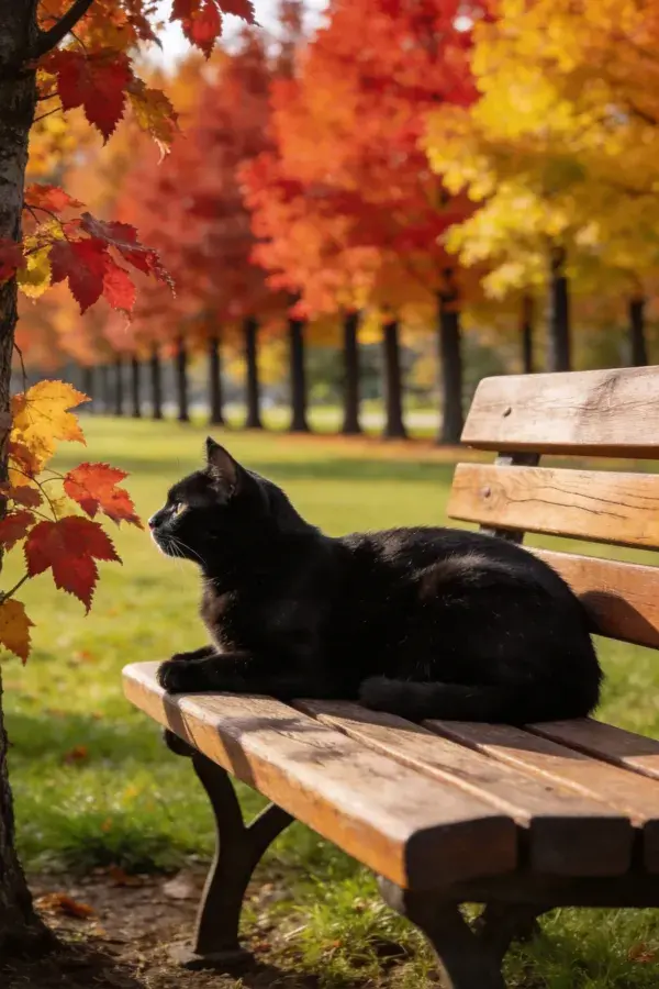 短毛家猫倚木椅眺望秋景