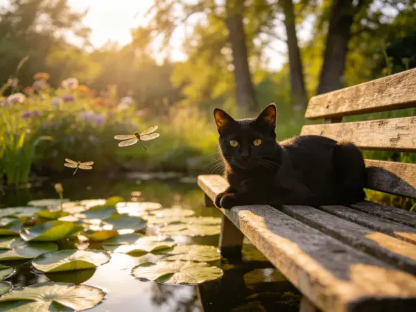 木制长椅旁的黑猫与池塘景致