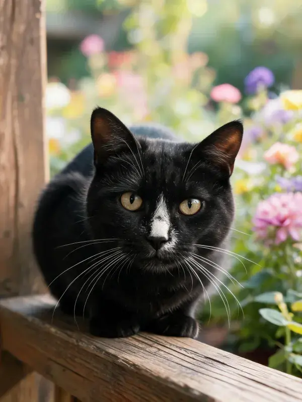 黑白花短毛家猫于花园木栏处