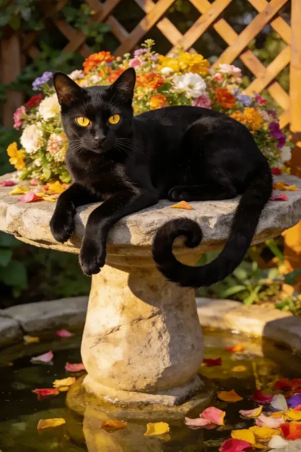 花园石质喷泉上的黑猫