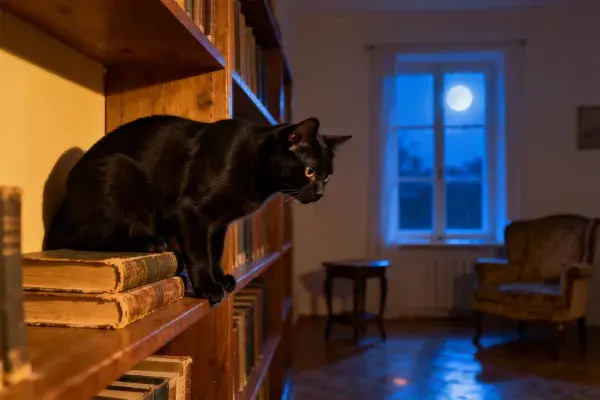 室内书架上的黑短毛家猫与暖光书房场景