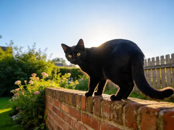 阳光花园中短毛家猫站立场景