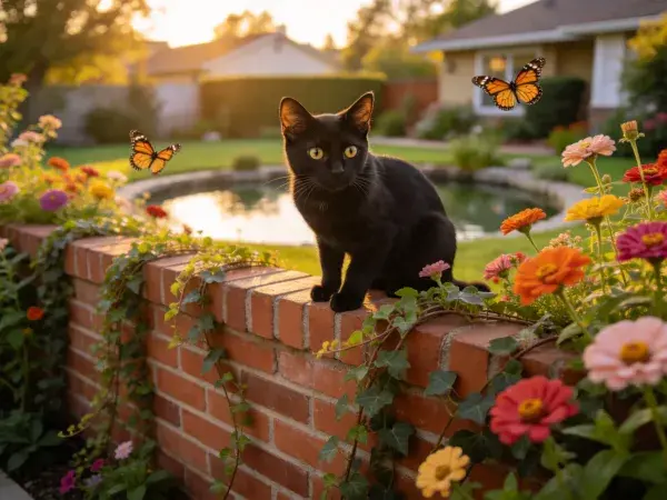 砖墙上短毛黑猫与花园蝴蝶场景