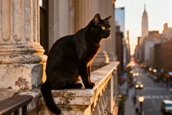 都市黄昏下短毛黑猫坐立场景