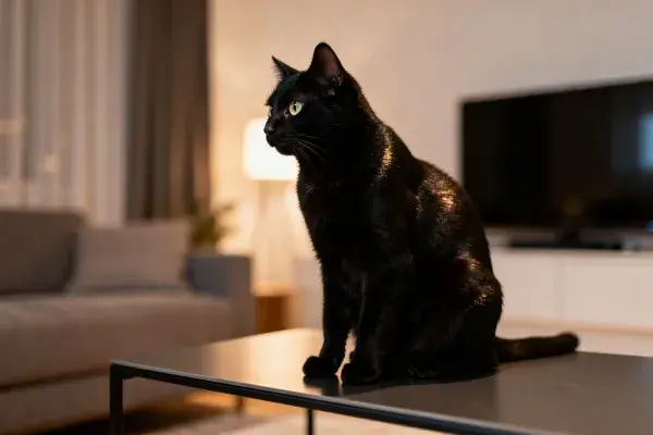 客厅内短毛黑猫观察场景