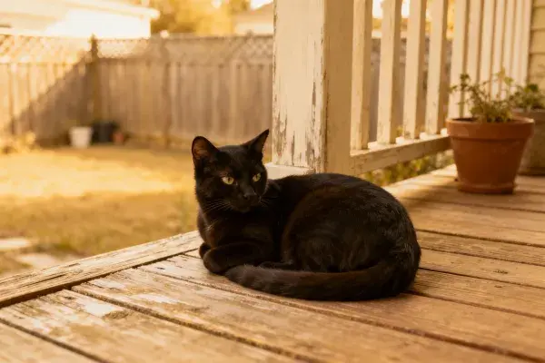 木质露台上的短毛黑猫