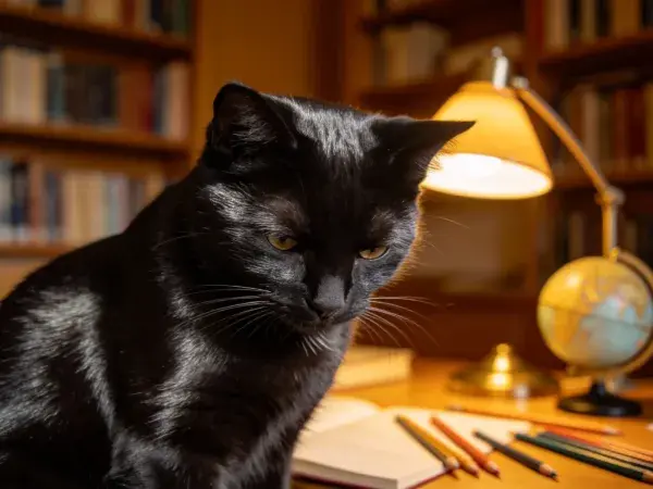 书房角落里的短毛黑猫