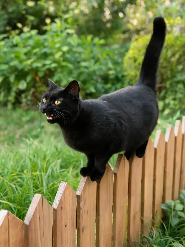 短毛家猫攀爬木栅栏瞬间