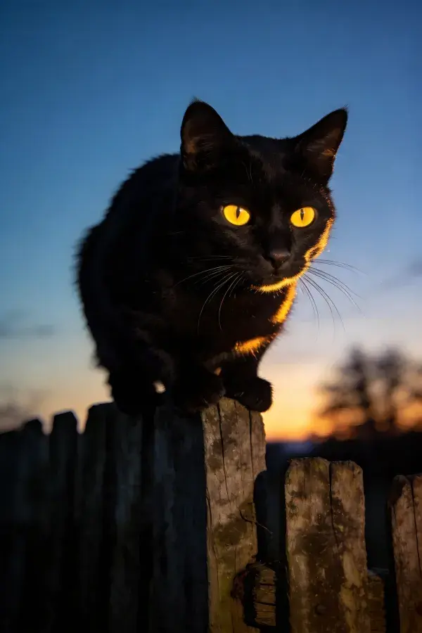 阴影中短毛家猫伫立木栅栏