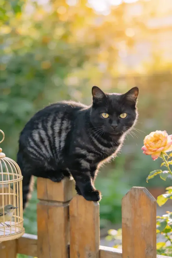 花园木栅栏上的斑纹短毛家猫