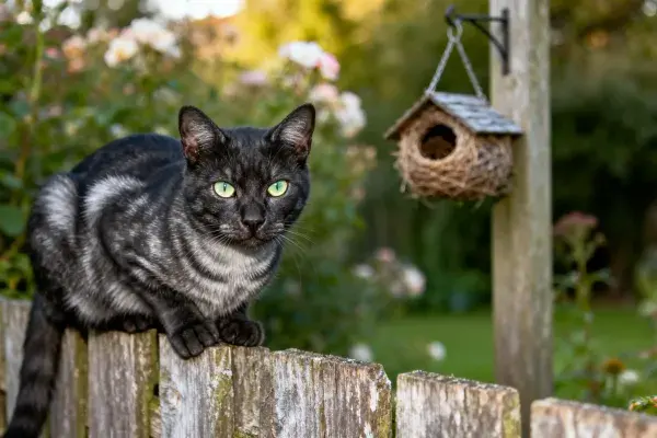 短毛虎斑猫凝视木栅栏的瞬间