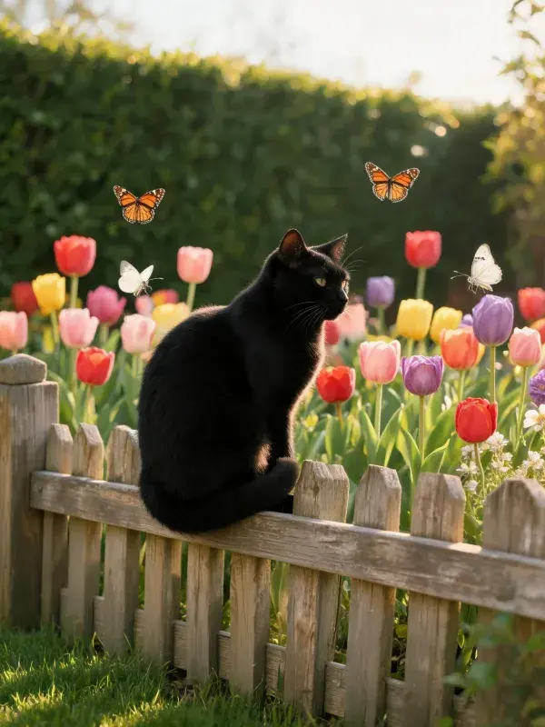 黑色短毛家猫于花篱间的观察姿态