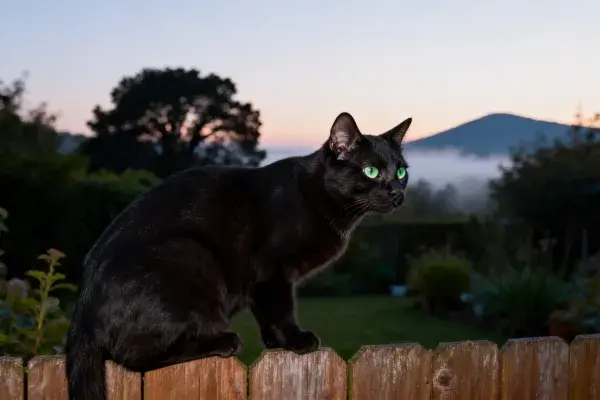 黄昏时分花园围栏上的短毛黑猫