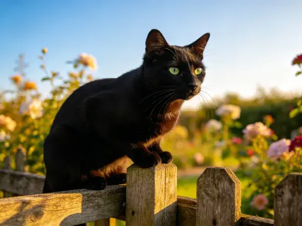 木栅栏上短毛家猫伫立瞬间