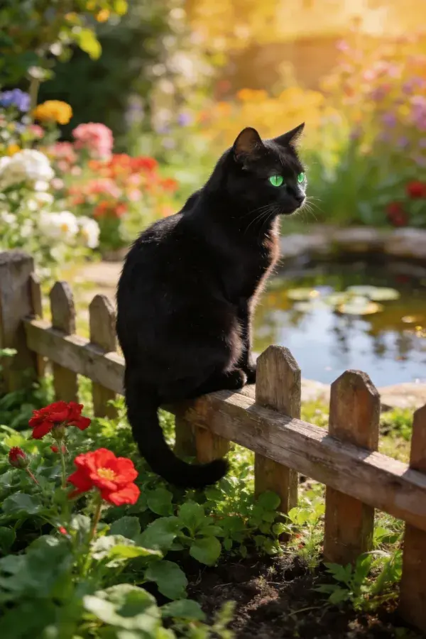 短毛家猫眺望花园池塘