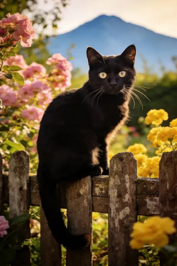 短毛黑猫坐木栅栏眺望