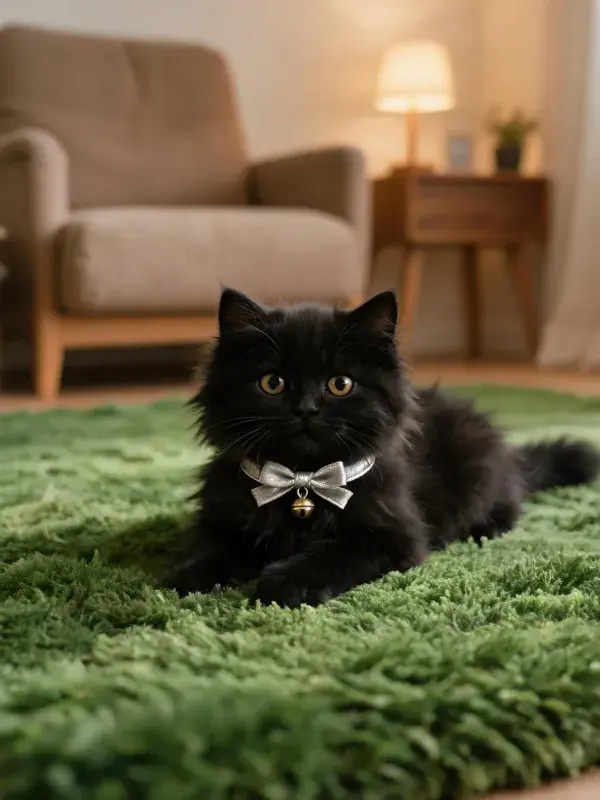 长毛黑猫在绿色地毯上的休憩