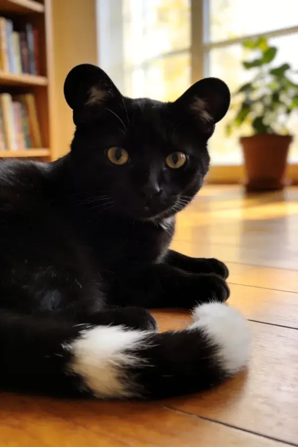 黑白短尾短毛家猫在室内木质地面
