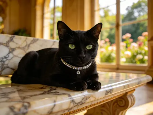钻石项圈短毛家猫在大理石桌面的状态捕捉