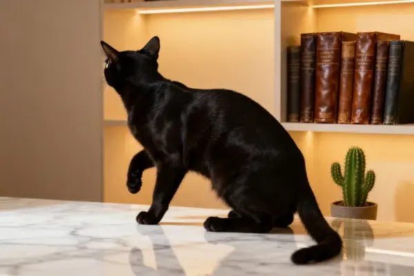 短毛黑猫注视书架场景
