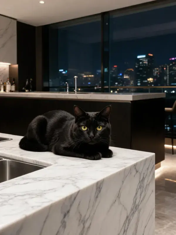 短毛黑猫在厨房大理石台面上的姿态