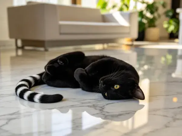 现代客厅中黑白条纹尾部的短毛家猫