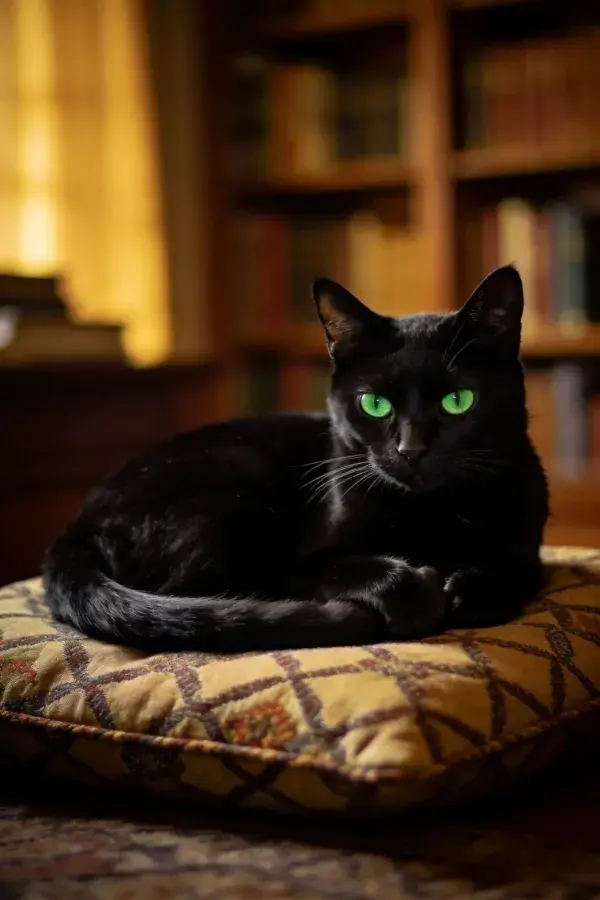 书房书架前的黑猫趴卧
