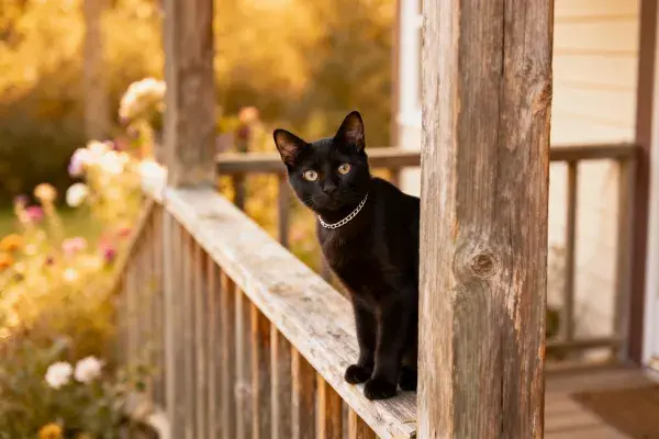 木质门廊上短毛家猫凝视场景