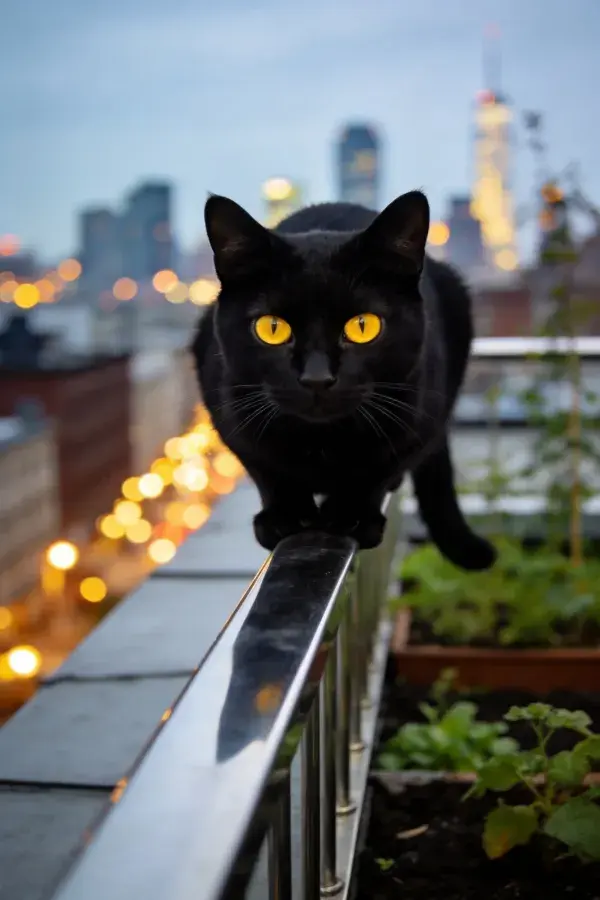 屋顶栏杆上的黑毛短毛家猫