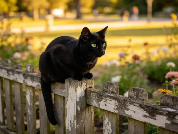 木栅栏上短毛家猫注视