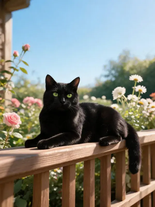 绿眼睛短毛家猫于木栅栏上的休憩时刻