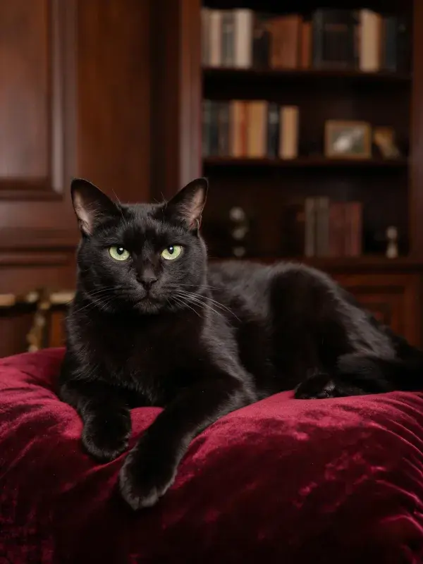 客厅红垫上的短毛黑猫