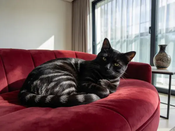 红色沙发上的灰黑条纹短毛家猫