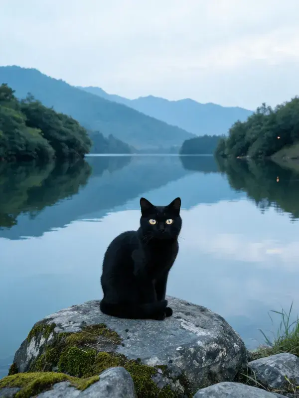 山水间短毛家猫休憩图