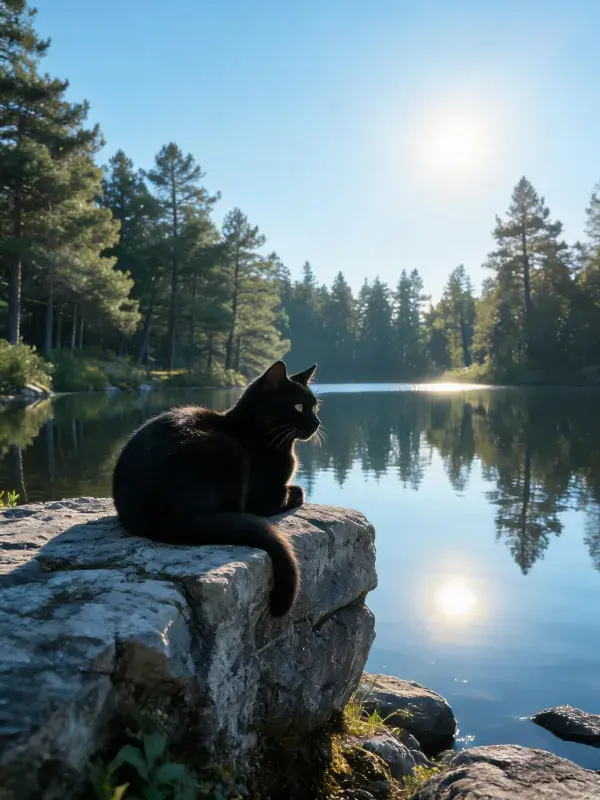 黑色短毛家猫坐立湖边岩石处