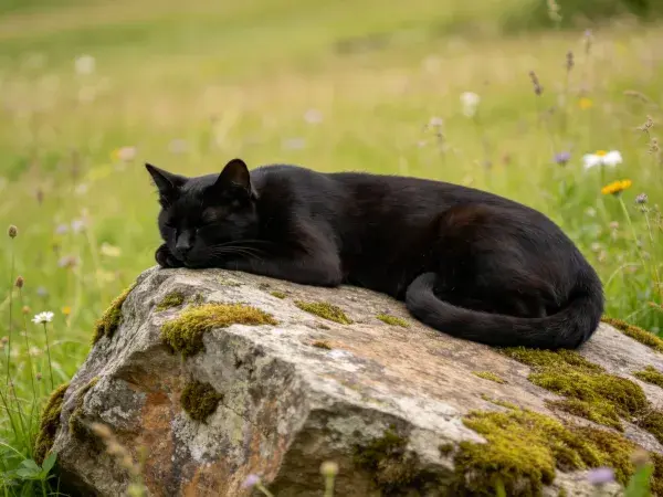 黑色短毛家猫在苔藓岩石上休息的场景