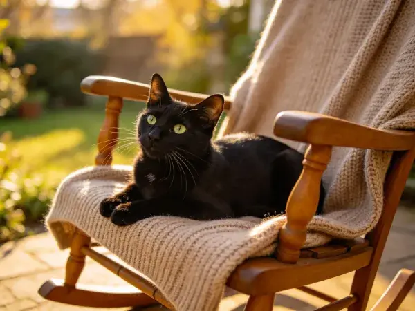阳光照射下短毛黑猫躺卧摇椅场景