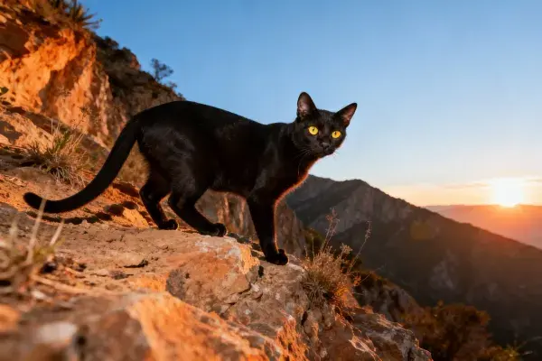 黑色孟买猫在岩石峭壁上的姿态