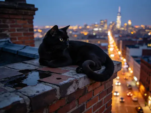 露天砖墙上的黑色短毛家猫与城市夜景
