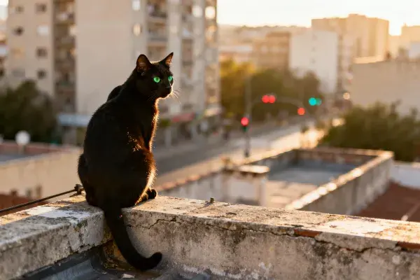 屋顶边缘的黑猫与城市景观