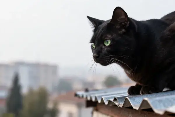 城市屋顶上的黑色短毛家猫