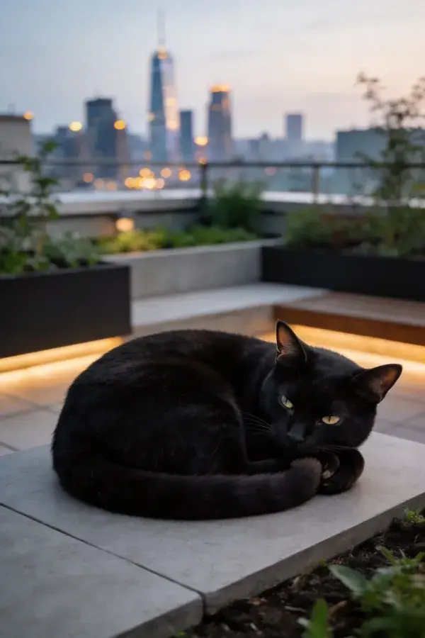 屋顶露台处短毛家猫休憩图