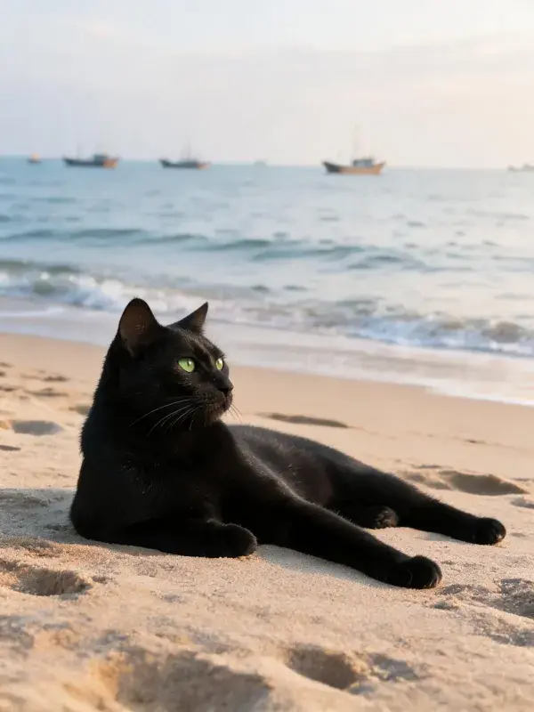 沙滩上的短毛家猫休憩景象