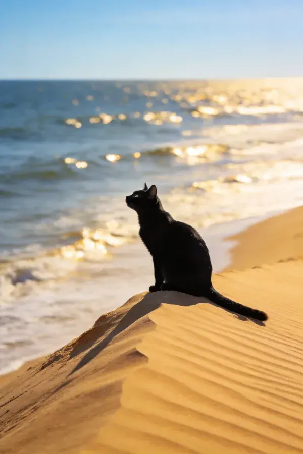 海滩沙丘上的短毛家猫